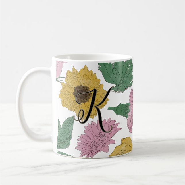 Mug Monogramme Fleurs Lignées (Gauche)