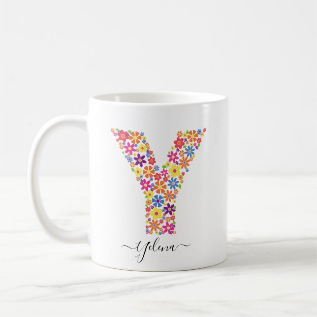 Mug Monogramme Fleurs Texte Personnalisé - Lettre Flor (Gauche)