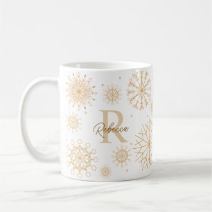 Mug Monogramme flocon de neige élégant or thème hiver