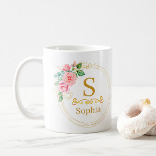 Mug Monogramme floral aquarelle I Initiale dorée perso