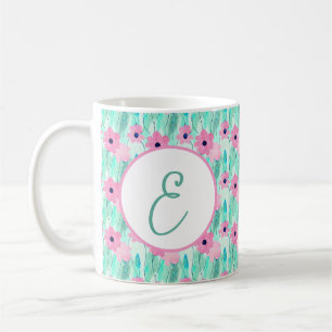 Mug Monogramme floral aquarelle rose clair et vert