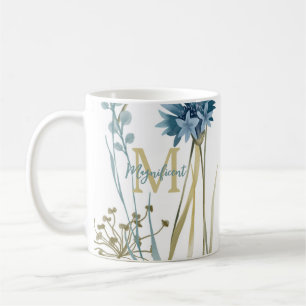 Mug Monogramme Floral Bleu Bleu Or Blanc