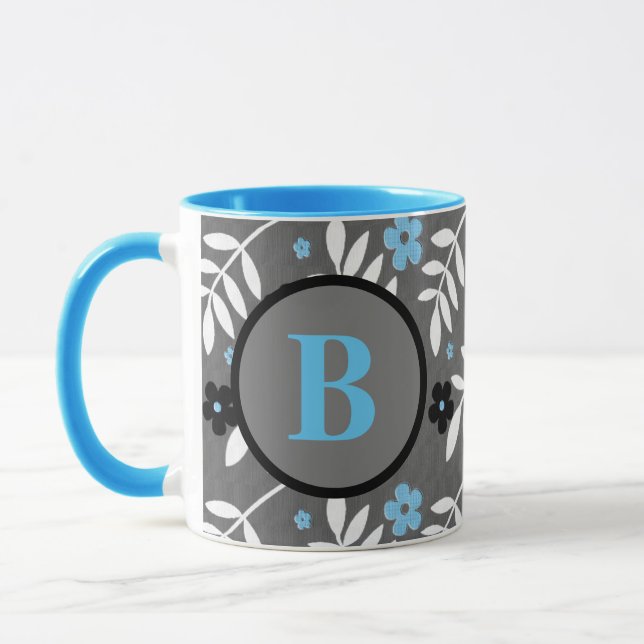 Mug Monogramme floral bleu et gris tendance (Gauche)