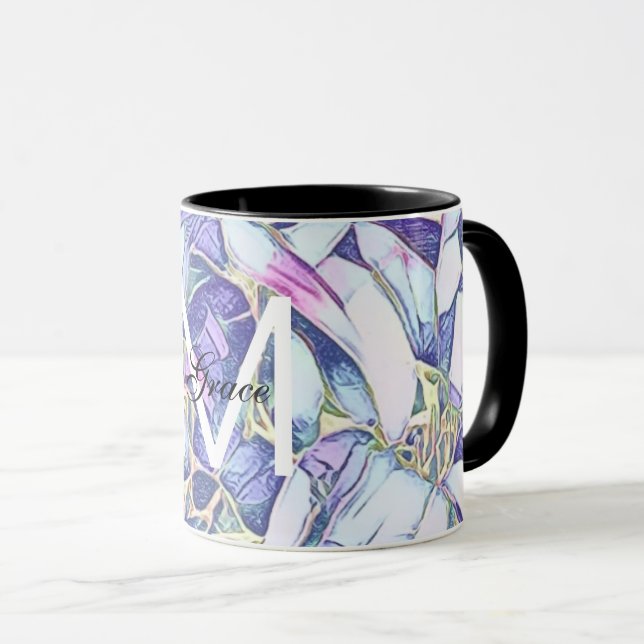 Mug Monogramme Floral Bleu Et Violet (Devant droit)
