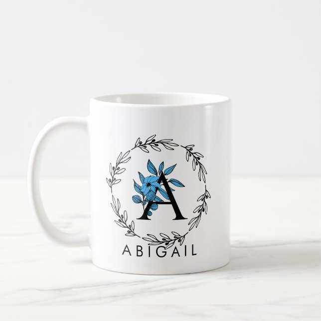 Mug Monogramme Floral Bleu - Lettre A (Gauche)