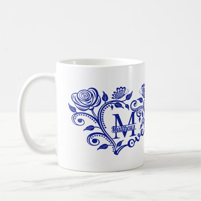 Mug Monogramme floral bleu marine personnalisé M (Gauche)