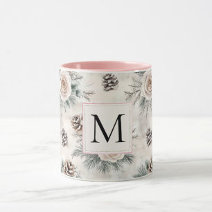 Mug Monogramme floral de cônes de pin de Noël rose ten