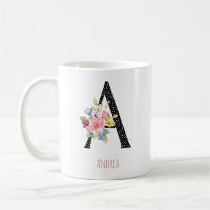 Mug Monogramme Floral Nom A Point Noir