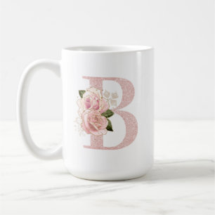 Mug Monogramme floral pailleté or rose girly B
