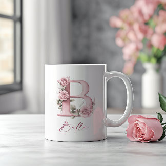 Mug Monogramme floral rose B personnalisé