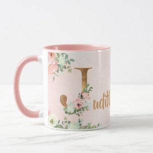 Mug monogramme floral rose J aquarelle avec nom