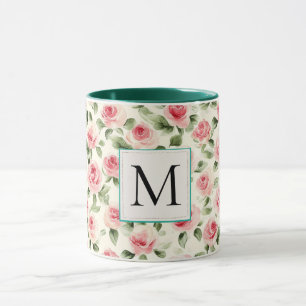 Mug Monogramme floral Roses rose saumon sarcelle roman