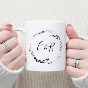 Mug Monogramme Floral Wreath White Script Mariage