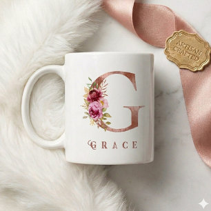 Mug Monogramme G en or rose personnalisé floral