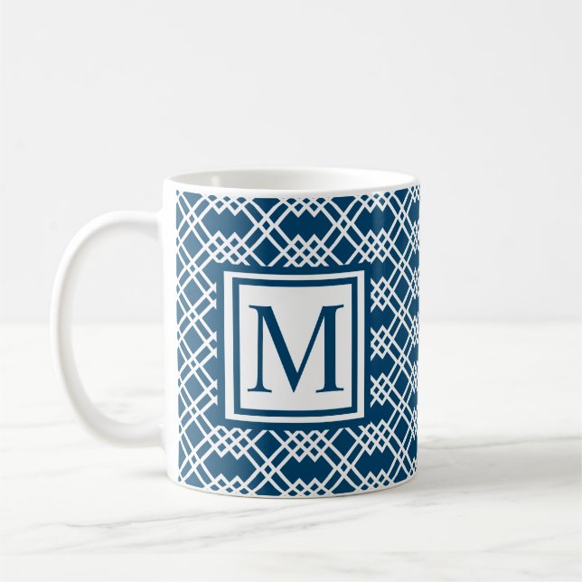 Mug Monogramme géométrique en latex moderne bleu océan (Gauche)