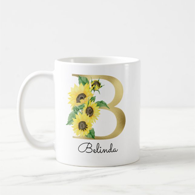 Mug Monogramme Gold Sunflower Girl Floral initial B (Gauche)