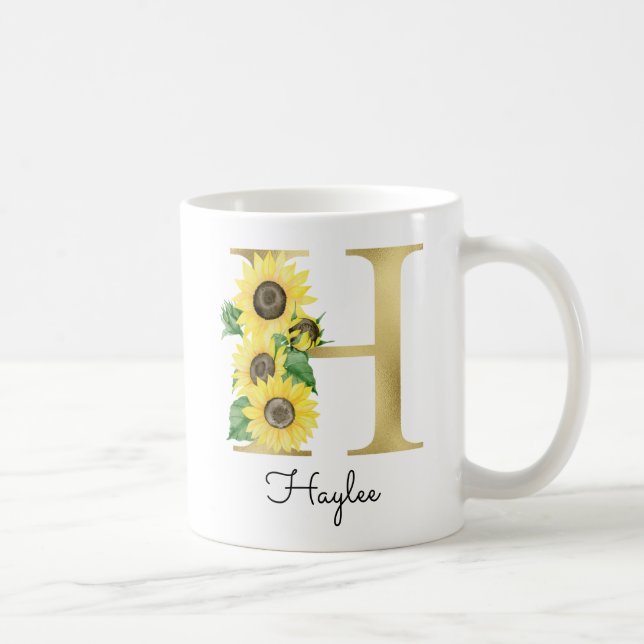Mug Monogramme Gold Sunflower Girl Floral Initial H (Droite)