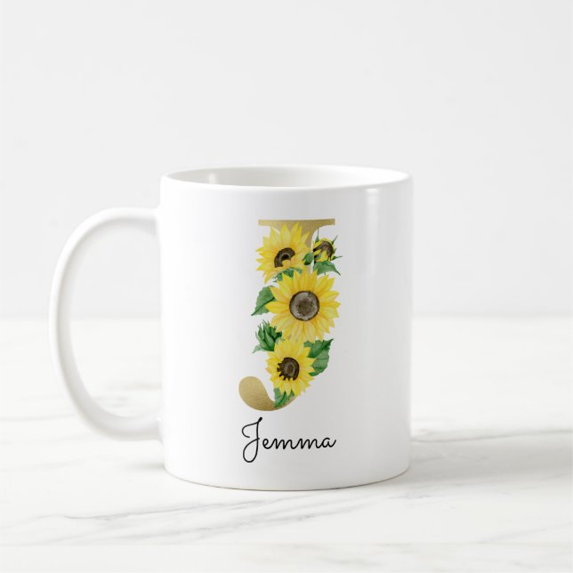 Mug Monogramme Gold Sunflower Girl Floral Initial J (Gauche)