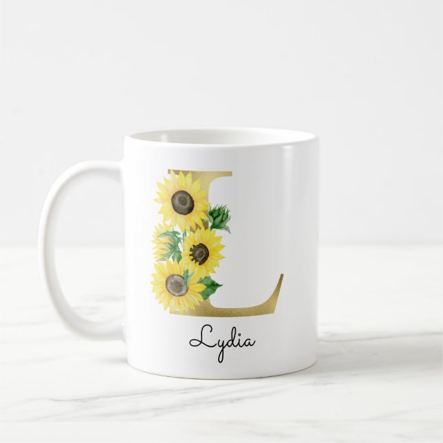 Mug Monogramme Gold Sunflower Girl Floral Initial L (Gauche)