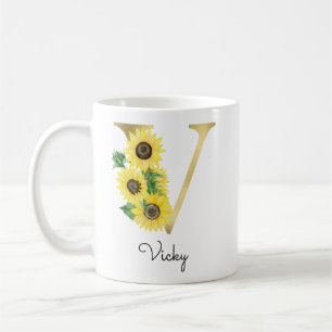 Mug Monogramme Gold Sunflower Girl Floral Initial V