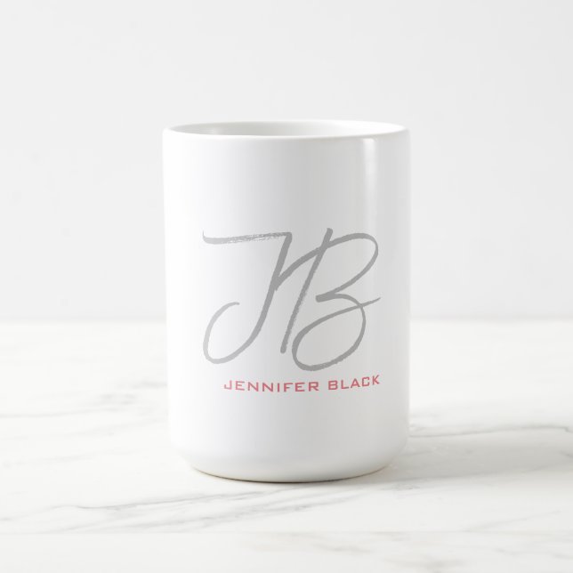 Mug Monogramme Gris Blanc Clou Calligraphie Script (Centre)