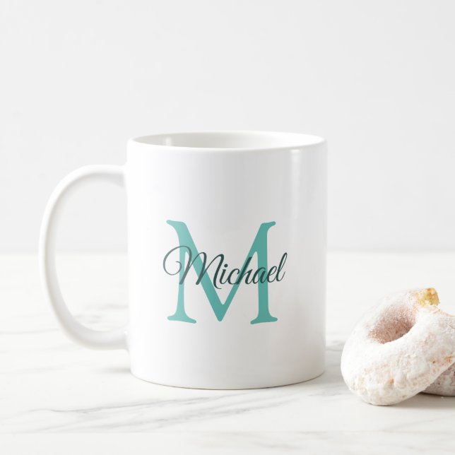 Mug Monogramme initial Modèle clair Turquoise blanc te (Avec donut)