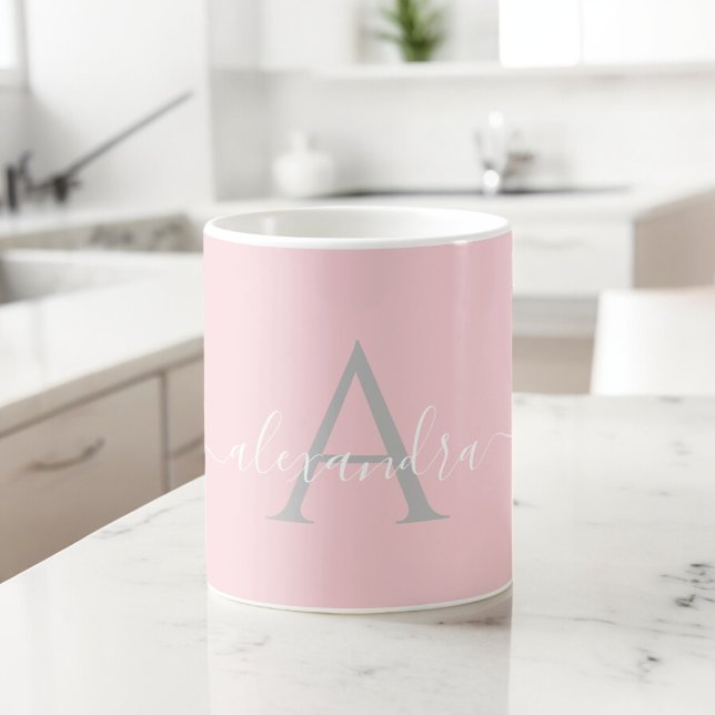 Mug Monogramme Initial Nom Rose Blanc Écriture Élégant (Créateur téléchargé)