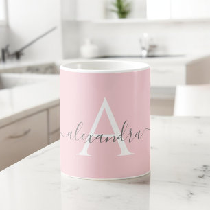 Mug Monogramme Initial Nom Rose Blanc Écriture Élégant