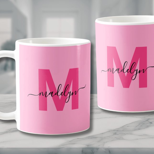 Mug Monogramme Initial Nom Rose Chaud (Hot Pink Initial Name Monogram Coffee Mug)