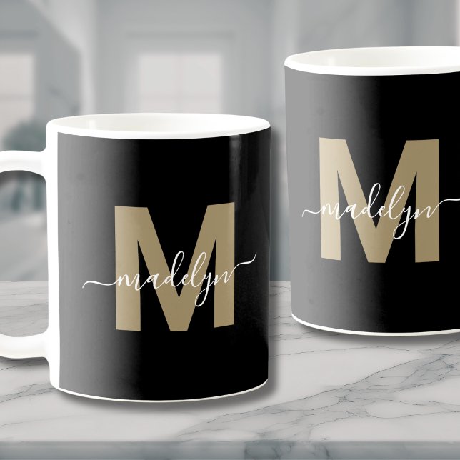 Mug Monogramme Initiale Or Noir (Rose Gold Glitter Sparkle Monogram Coffee Mug)