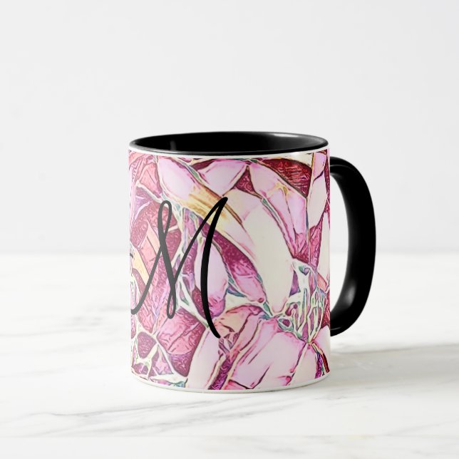 Mug Monogramme Joli Rouge Et Fleur Rose (Devant droit)
