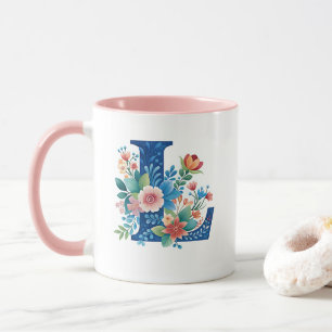 Mug Monogramme L bleu avec fleurs