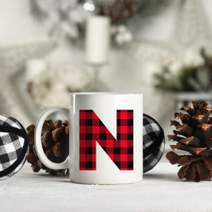 Mug Monogramme lettre N gras en carreaux de bœuf rouge