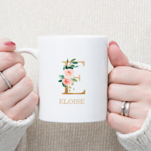 Mug Monogramme Lettre Or E Floral Rose Blanc Vert