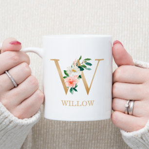Mug Monogramme Lettre Or W   Floral Rose Blanc Vert