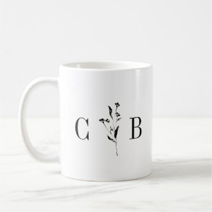 Mug Monogramme minimaliste Floral noir Mariage blanc