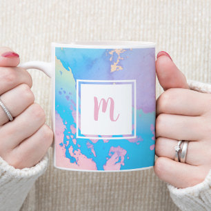 Mug Monogramme moderne aquarelle marbre rose bleu viol
