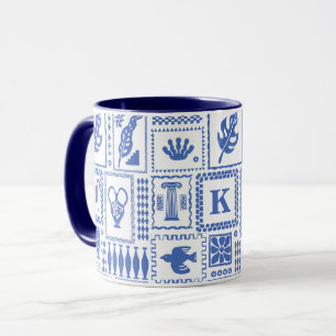 Mug Monogramme Moderne Bleu Blanc Abstrait Motif