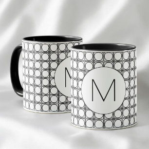 Mug Monogramme Moderne en Rotin Noir et Blanc à Motif