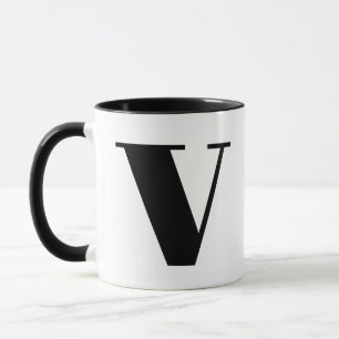 Mug Monogramme moderne Lettre initiale V Noir et blanc
