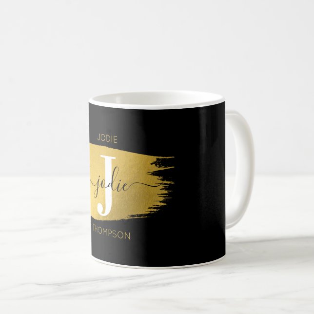 Mug Monogramme moderne noir et or (Devant droit)