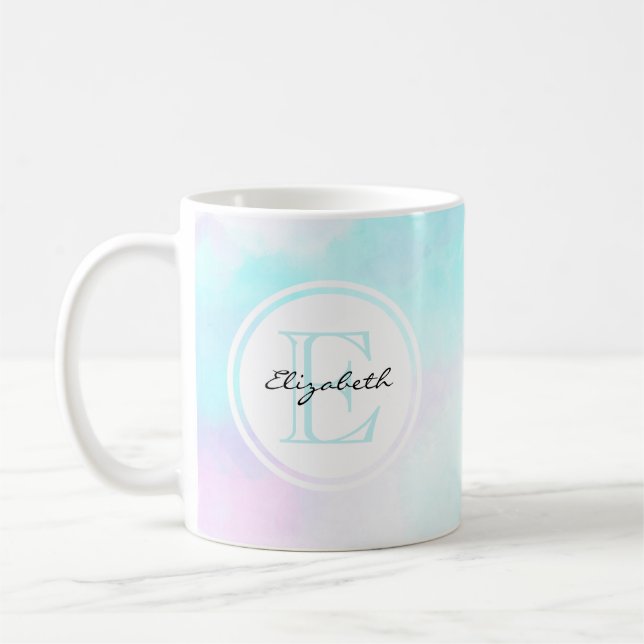 Mug Monogramme moderne Pastel Blue & Purple Aquarelle (Gauche)