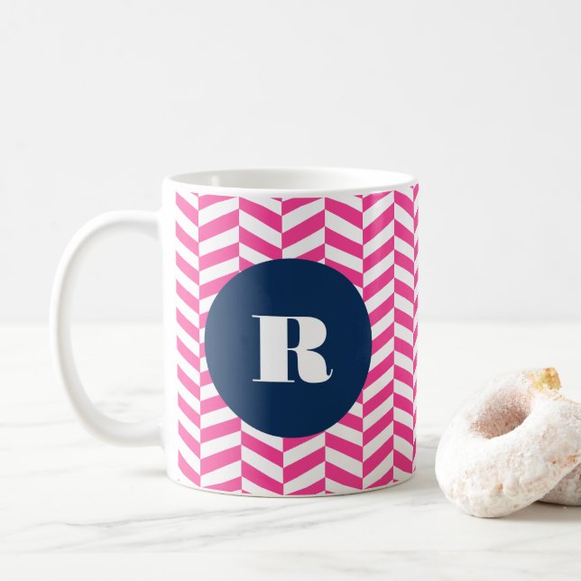 Mug Monogramme Motif à Herringbone rose chaud (Avec donut)