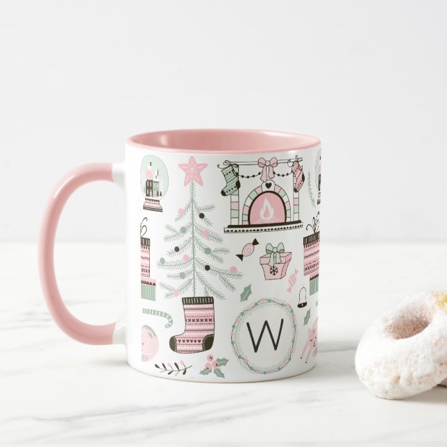Mug Monogramme Motif de Noël de Girly Cute (Avec donut)