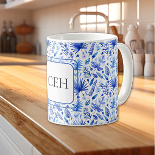 Mug Monogramme, motif feuilles tropicales bleu de coba