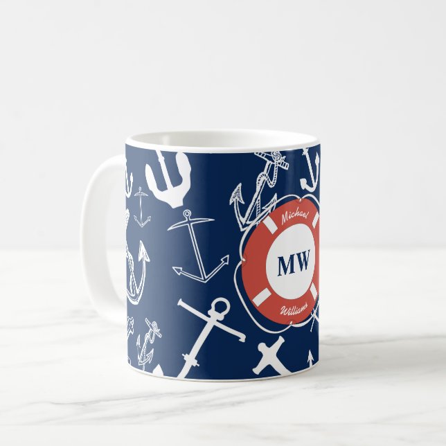 Mug Monogramme nautique Ancre bleu marine Motif (Devant gauche)