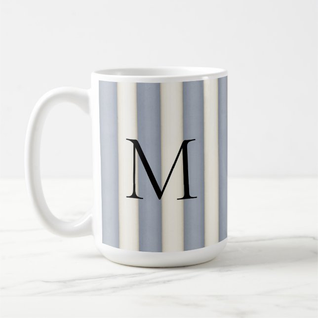 Mug Monogramme noir sur Gris et rayure blanche antique (Gauche)