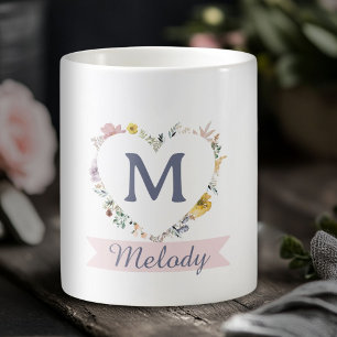 Mug Monogramme/Nom du coeur floral personnalisé