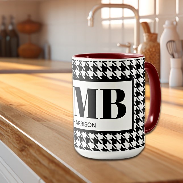 Mug Monogramme-Nom noir et blanc Houndstooth Combo 15o (Créateur téléchargé)