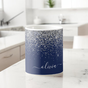 Mug Monogramme Nom Paillettes Bleu Marine Argenté Fémi